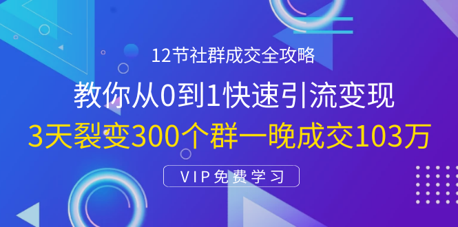 12节社群成交全攻略：从0到1快速引流变现，3天裂变300个群一晚成交103万-全网第一网赚项目资源库-中赚网 & 中创网 & 冒泡网 & 福缘网 - 小本轻创业与优质加盟项目首选平台