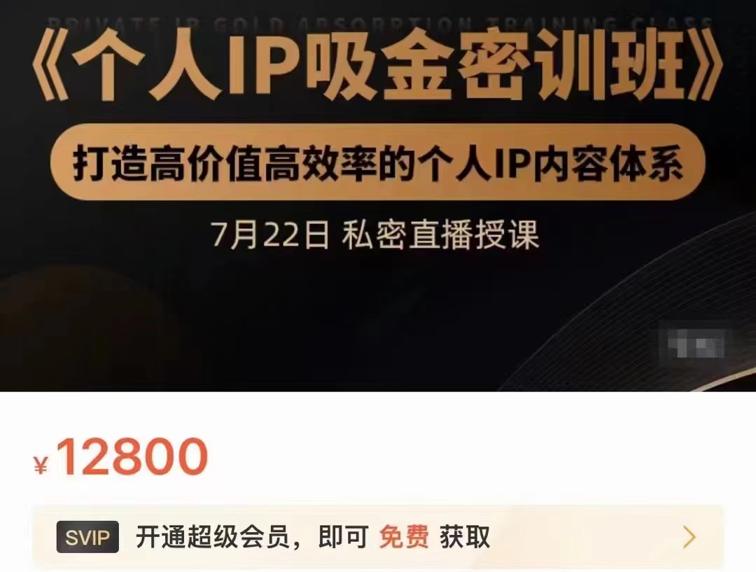 个人IP吸金密训班，打造高价值高效率的个人IP内容体系（价值12800元）-全网第一网赚项目资源库-中赚网 & 中创网 & 冒泡网 & 福缘网 - 小本轻创业与优质加盟项目首选平台