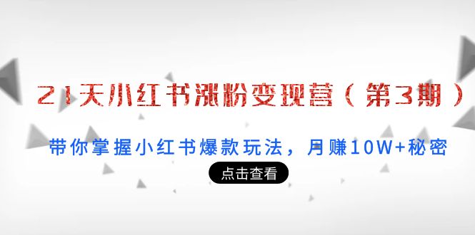 21天小红书涨粉变现营（第3期）：带你掌握小红书爆款玩法，月赚10W+秘密-全网第一网赚项目资源库-中赚网 & 中创网 & 冒泡网 & 福缘网 - 小本轻创业与优质加盟项目首选平台
