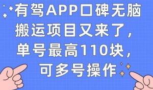 有驾APP口碑无脑搬运项目又来了，单号最高110块，可多号操作-全网第一网赚项目资源库-中赚网 & 中创网 & 冒泡网 & 福缘网 - 小本轻创业与优质加盟项目首选平台