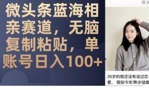 微头条蓝海相亲赛道,无脑复制粘贴,单账号日入100+-全网第一网赚项目资源库-中赚网 & 中创网 & 冒泡网 & 福缘网 - 小本轻创业与优质加盟项目首选平台