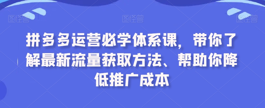 拼多多运营必学体系课，带你了解最新流量获取方法、帮助你降低推广成本-全网第一网赚项目资源库-中赚网 & 中创网 & 冒泡网 & 福缘网 - 小本轻创业与优质加盟项目首选平台