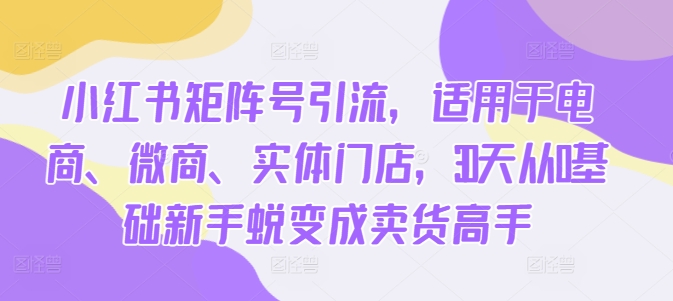 小红书矩阵号引流，适用于电商、微商、实体门店，30天从0基础新手蜕变成卖货高手-全网第一网赚项目资源库-中赚网 & 中创网 & 冒泡网 & 福缘网 - 小本轻创业与优质加盟项目首选平台