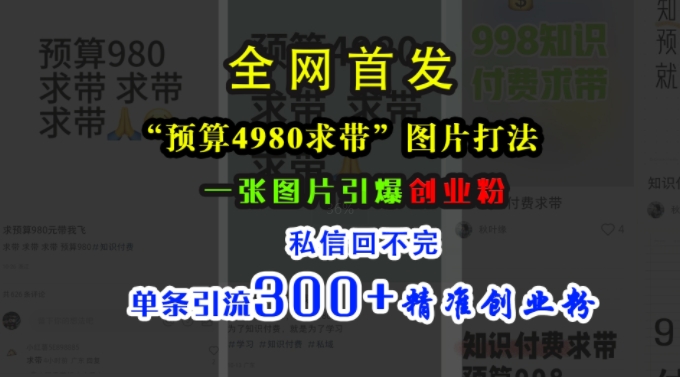 小红书“预算4980带我飞”图片打法，一张图片引爆创业粉，私信回不完，单条引流300+精准创业粉-全网第一网赚项目资源库-中赚网 & 中创网 & 冒泡网 & 福缘网 - 小本轻创业与优质加盟项目首选平台