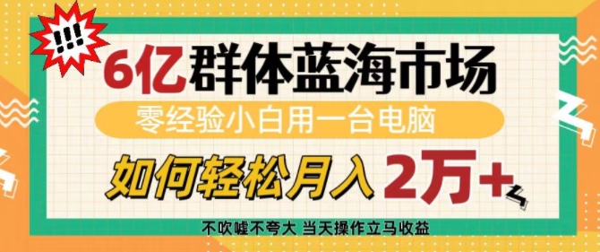 6亿群体蓝海市场，零经验小白用一台电脑，如何轻松月入过w【揭秘】-全网第一网赚项目资源库-中赚网 & 中创网 & 冒泡网 & 福缘网 - 小本轻创业与优质加盟项目首选平台