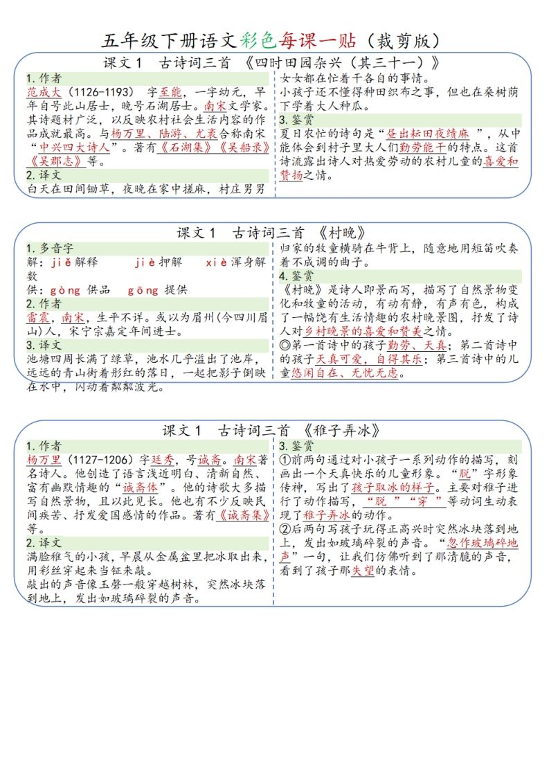 五年级下册语文彩色每课一贴（9页）-全网第一网赚项目资源库-中赚网 & 中创网 & 冒泡网 & 福缘网 - 小本轻创业与优质加盟项目首选平台