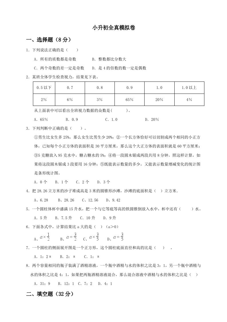 小升初数学全真模拟卷（五）人教版含答案-全网第一网赚项目资源库-中赚网 & 中创网 & 冒泡网 & 福缘网 - 小本轻创业与优质加盟项目首选平台