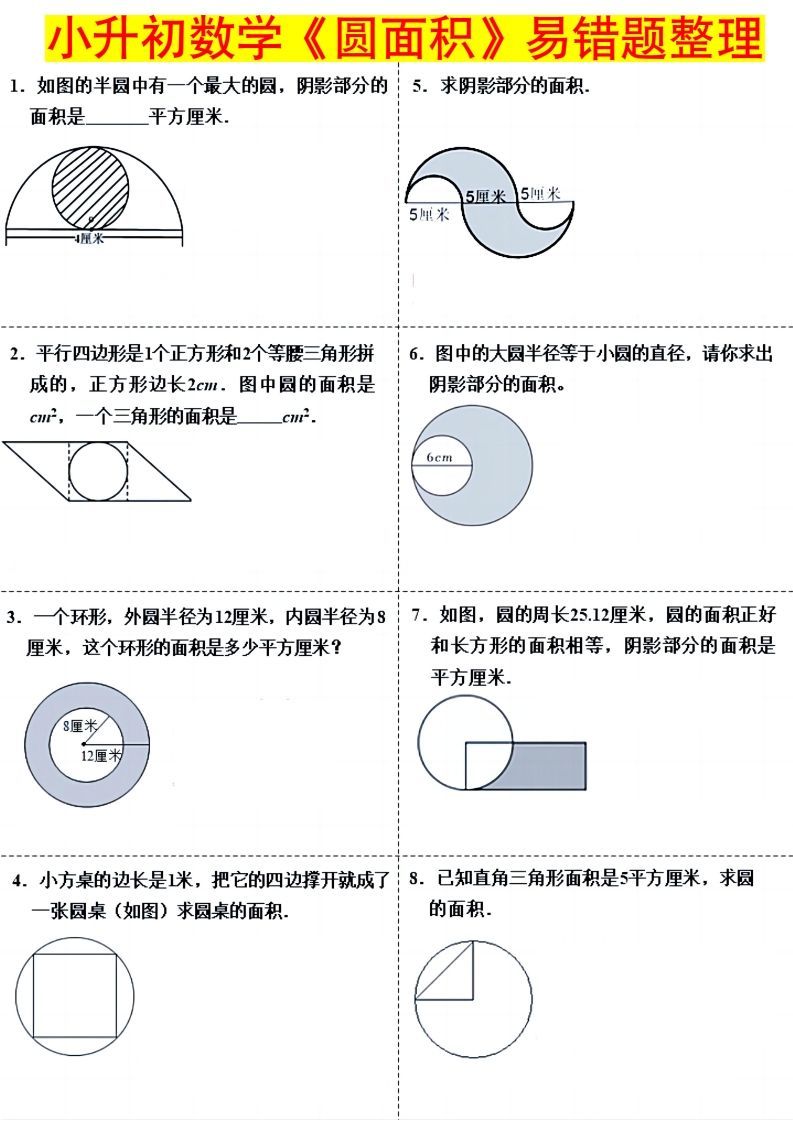小升初数学（圆面积）易错题整理-全网第一网赚项目资源库-中赚网 & 中创网 & 冒泡网 & 福缘网 - 小本轻创业与优质加盟项目首选平台