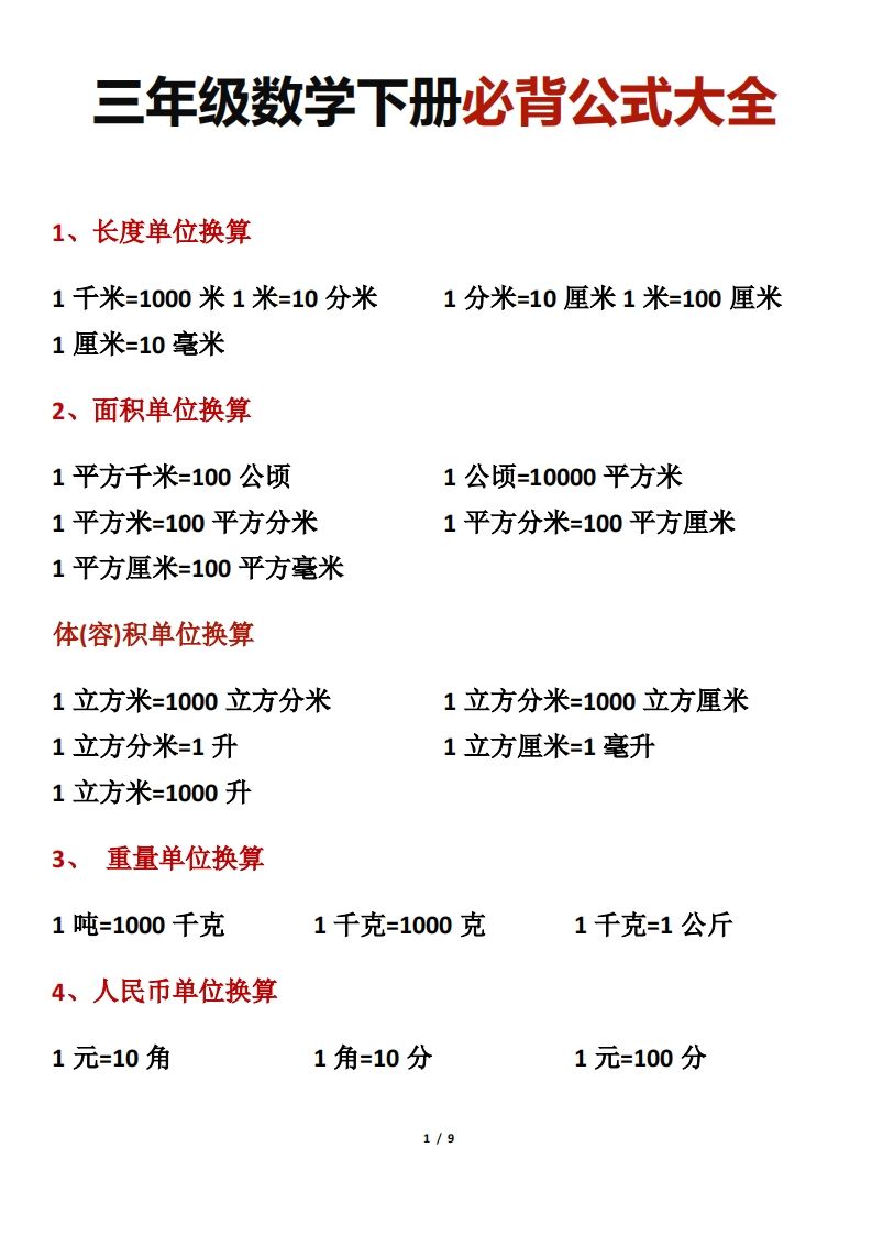 三年级数学下册必背公式大全-全网第一网赚项目资源库-中赚网 & 中创网 & 冒泡网 & 福缘网 - 小本轻创业与优质加盟项目首选平台