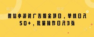 微信小游戏广告掘金项目,单机日入50+,批量操作日入3张-全网第一网赚项目资源库-中赚网 & 中创网 & 冒泡网 & 福缘网 - 小本轻创业与优质加盟项目首选平台