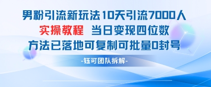 男粉引流新玩法10天引流7000人当日变现四位数可复制可批量0封号-全网第一网赚项目资源库-中赚网 & 中创网 & 冒泡网 & 福缘网 - 小本轻创业与优质加盟项目首选平台