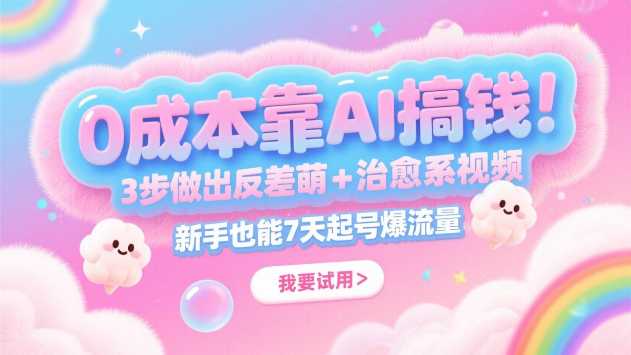 0成本靠AI搞钱！3步做出反差萌+治愈系视频，新手也能7天起号爆流量，月入5位数-全网第一网赚项目资源库-中赚网 & 中创网 & 冒泡网 & 福缘网 - 小本轻创业与优质加盟项目首选平台