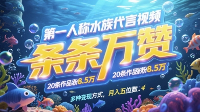 第一人称水族代言视频，条条万赞，20条作品涨粉7.8W，多种变现方式月入五位数-全网第一网赚项目资源库-中赚网 & 中创网 & 冒泡网 & 福缘网 - 小本轻创业与优质加盟项目首选平台