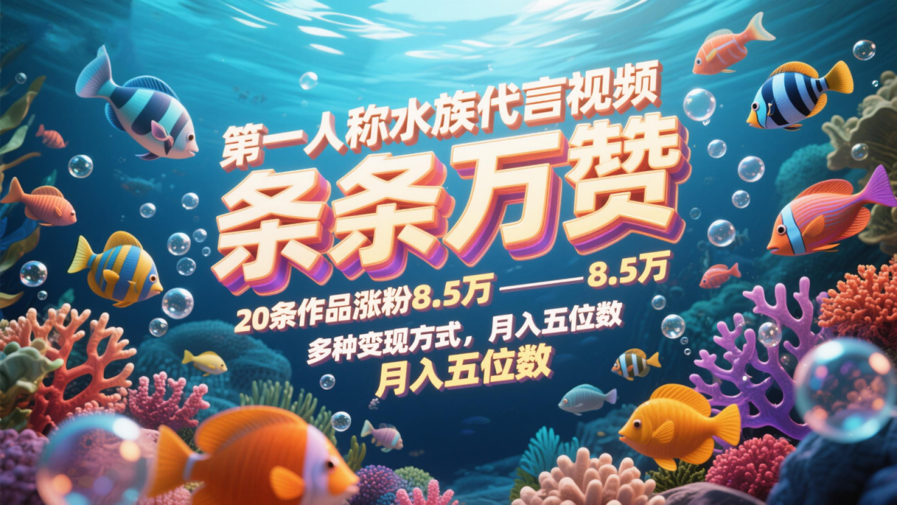 第一人称水族代言视频，条条万赞，20条作品涨粉8.5万，多种变现方式月，入五位数-全网第一网赚项目资源库-中赚网 & 中创网 & 冒泡网 & 福缘网 - 小本轻创业与优质加盟项目首选平台