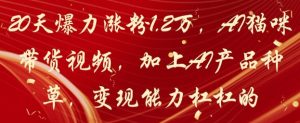 20天爆力涨粉1.2W，AI猫咪带货视频，加上AI产品种草，变现能力杠杠的-全网第一网赚项目资源库-中赚网 & 中创网 & 冒泡网 & 福缘网 - 小本轻创业与优质加盟项目首选平台