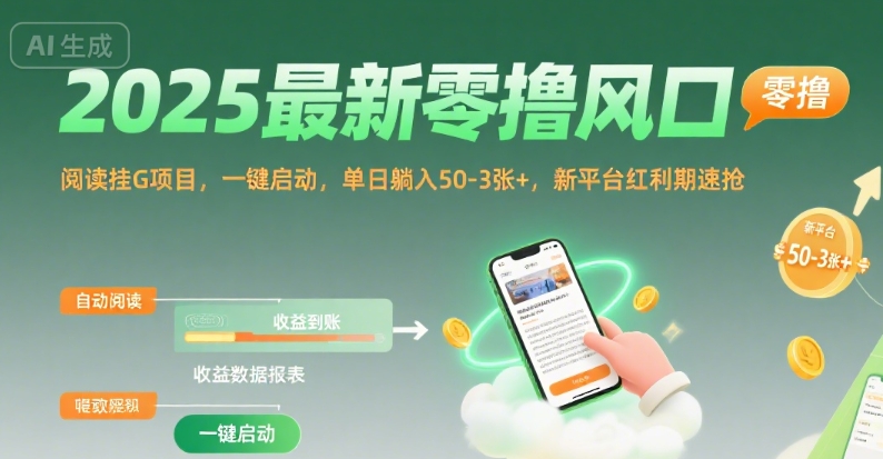 2025最新零撸风口，阅读挂G项目，一键启动，单日躺入 50-3张+，新平台红利期速抢【揭秘】-全网第一网赚项目资源库-中赚网 & 中创网 & 冒泡网 & 福缘网 - 小本轻创业与优质加盟项目首选平台