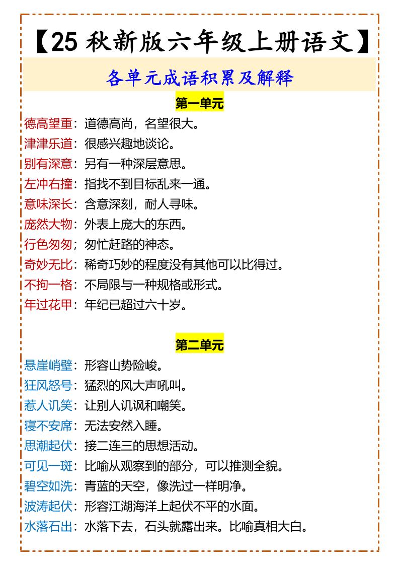 【2025秋新版】【六年级上册语文】各单元成语积累及解释-全网第一网赚项目资源库-中赚网 & 中创网 & 冒泡网 & 福缘网 - 小本轻创业与优质加盟项目首选平台