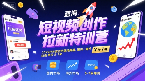 短视频创作拉新特训营，2025开年真正的蓝海赛道，国内+海外，拉新单价5-7米-全网第一网赚项目资源库-中赚网 & 中创网 & 冒泡网 & 福缘网 - 小本轻创业与优质加盟项目首选平台