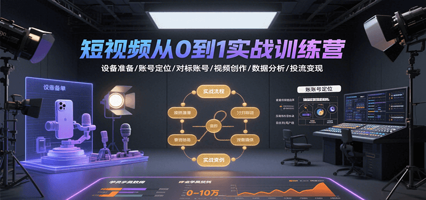 短视频从0到1实战训练营：设备准备/账号定位/对标账号/视频创作/数据分析/投流变现-全网第一网赚项目资源库-中赚网 & 中创网 & 冒泡网 & 福缘网 - 小本轻创业与优质加盟项目首选平台