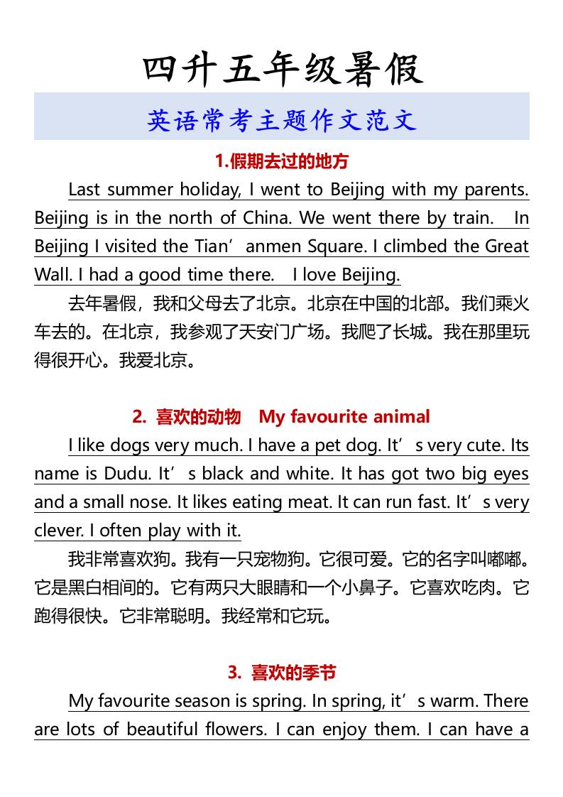 四升五年级暑假英语常考主题作文范文-五上英语-全网第一网赚项目资源库-中赚网 & 中创网 & 冒泡网 & 福缘网 - 小本轻创业与优质加盟项目首选平台