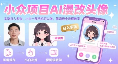 小众项目AI漫改头像，实测日入多张，小白一部手机可以做，保姆级全流程教学-全网第一网赚项目资源库-中赚网 & 中创网 & 冒泡网 & 福缘网 - 小本轻创业与优质加盟项目首选平台