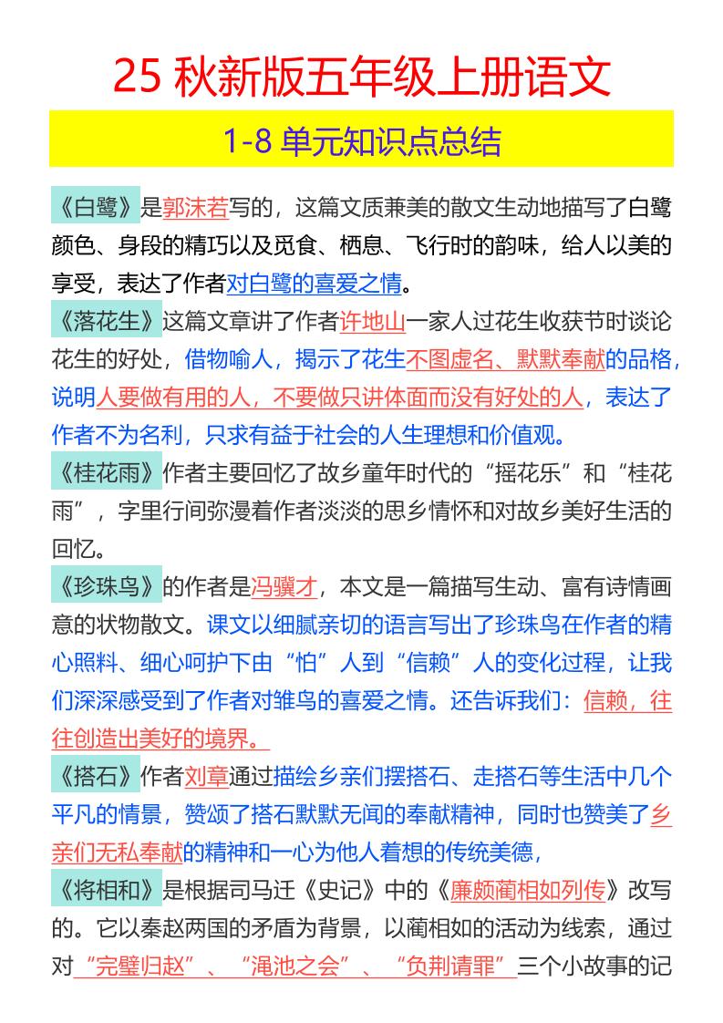 【2025秋新版】五年级上册语文1-8单元知识点总结-全网第一网赚项目资源库-中赚网 & 中创网 & 冒泡网 & 福缘网 - 小本轻创业与优质加盟项目首选平台