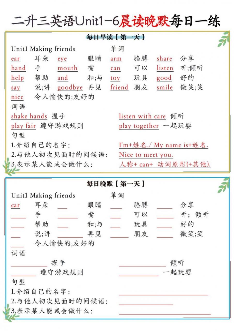 二升三英语Unit1-6晨读晚默每日一练（人教PEP）6页-三上英语-全网第一网赚项目资源库-中赚网 & 中创网 & 冒泡网 & 福缘网 - 小本轻创业与优质加盟项目首选平台