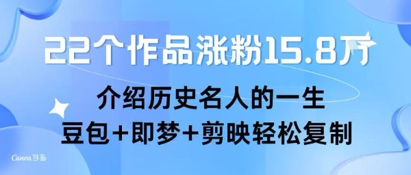 22个作品涨粉15.8W ，介绍历史名人的一生 ， 豆包+即梦+剪映轻松复制-全网第一网赚项目资源库-中赚网 & 中创网 & 冒泡网 & 福缘网 - 小本轻创业与优质加盟项目首选平台