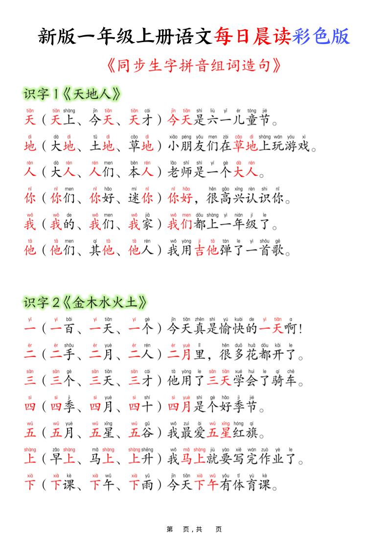 新版一年级上册语文每日晨读彩色版（生字拼音组词造句）19页-全网第一网赚项目资源库-中赚网 & 中创网 & 冒泡网 & 福缘网 - 小本轻创业与优质加盟项目首选平台