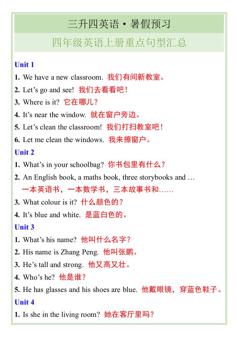 三升四英语暑假预习——四年级英语上册重点句型汇总-四上英语-全网第一网赚项目资源库-中赚网 & 中创网 & 冒泡网 & 福缘网 - 小本轻创业与优质加盟项目首选平台
