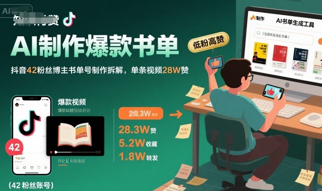 AI制作爆款书单，抖音42粉丝博主书单号制作拆解，单条视频28W赞-全网第一网赚项目资源库-中赚网 & 中创网 & 冒泡网 & 福缘网 - 小本轻创业与优质加盟项目首选平台