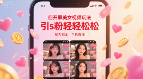 四开屏美女视频玩法，引s粉轻轻松松，暴力掘金，手机操作【揭秘】-全网第一网赚项目资源库-中赚网 & 中创网 & 冒泡网 & 福缘网 - 小本轻创业与优质加盟项目首选平台