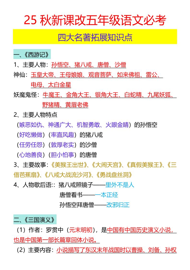 【2025秋新版】五年级语文必考四大名著拓展知识点-五上语文-全网第一网赚项目资源库-中赚网 & 中创网 & 冒泡网 & 福缘网 - 小本轻创业与优质加盟项目首选平台