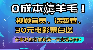 0成本薅羊毛!视频会员、话费卷、30元电影票白送，分享我如何靠转卖一天变现5张+【揭秘】-全网第一网赚项目资源库-中赚网 & 中创网 & 冒泡网 & 福缘网 - 小本轻创业与优质加盟项目首选平台