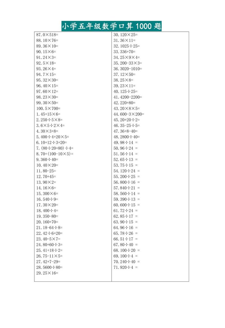 五升六暑假数学口算专练-六上数学