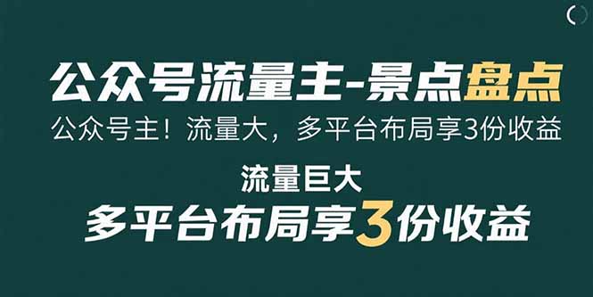 公众号流量主-景点盘点 流量巨大 多平台布局享3份收益-全网第一网赚项目资源库-中赚网 & 中创网 & 冒泡网 & 福缘网 - 小本轻创业与优质加盟项目首选平台