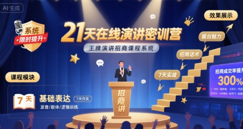 21天在线演讲密训营，王牌演讲招商课程系统-全网第一网赚项目资源库-中赚网 & 中创网 & 冒泡网 & 福缘网 - 小本轻创业与优质加盟项目首选平台