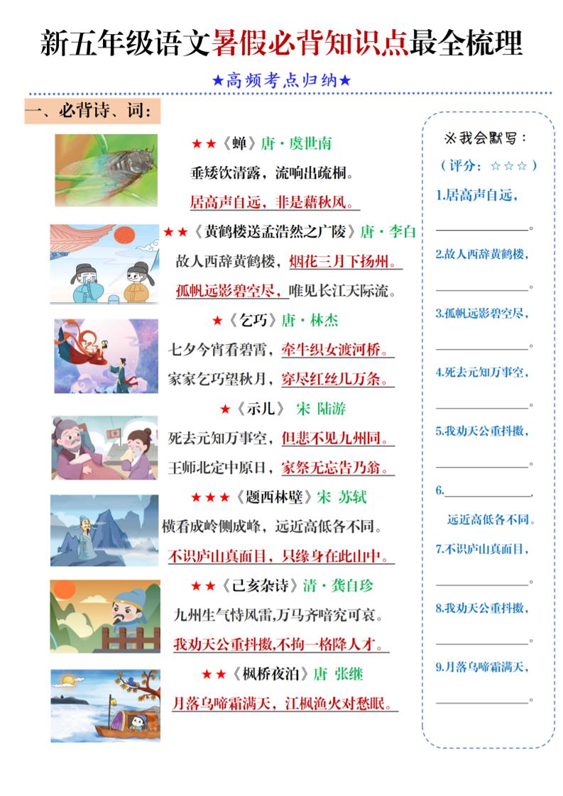 五年级语文暑假必背知识点梳理（高频考点归纳）5页-五上语文-全网第一网赚项目资源库-中赚网 & 中创网 & 冒泡网 & 福缘网 - 小本轻创业与优质加盟项目首选平台