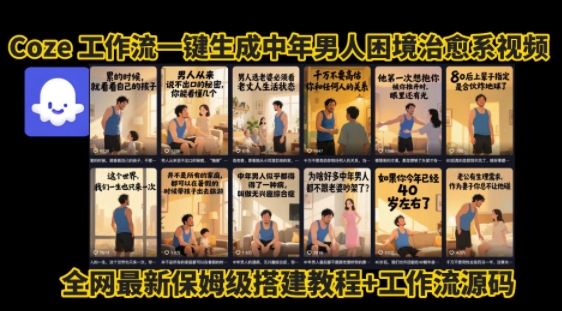 coze工作流一键生成”中年男人困境扎心高涨粉高播放量图文视频”保姆级拆解教程，无需剪辑，无需拍摄写文案-全网第一网赚项目资源库-中赚网 & 中创网 & 冒泡网 & 福缘网 - 小本轻创业与优质加盟项目首选平台
