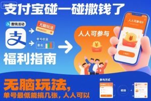 支付宝碰一碰撒钱了,无脑玩法,单号最低能搞几张,人人可以撸【揭秘】-全网第一网赚项目资源库-中赚网 & 中创网 & 冒泡网 & 福缘网 - 小本轻创业与优质加盟项目首选平台