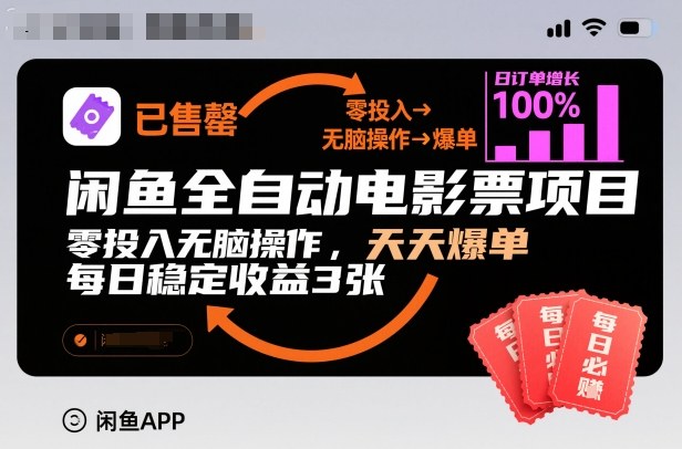 闲鱼全自动电影票项目，零投入无脑操作，天天爆单，每日稳定收益3张【揭秘】-全网第一网赚项目资源库-中赚网 & 中创网 & 冒泡网 & 福缘网 - 小本轻创业与优质加盟项目首选平台