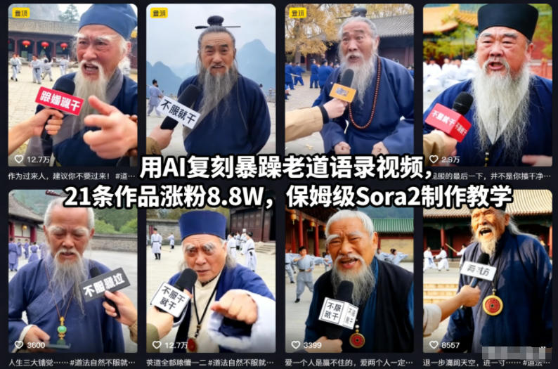 用AI复刻暴躁老道语录视频，21条作品涨粉8.8W，保姆级Sora2制作教学-全网第一网赚项目资源库-中赚网 & 中创网 & 冒泡网 & 福缘网 - 小本轻创业与优质加盟项目首选平台
