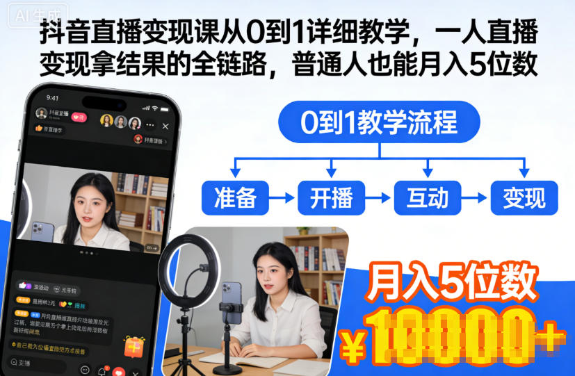 抖音直播变现课从0到1详细教学，一人直播变现拿结果的全链路，普通人也能月入5位数-全网第一网赚项目资源库-中赚网 & 中创网 & 冒泡网 & 福缘网 - 小本轻创业与优质加盟项目首选平台