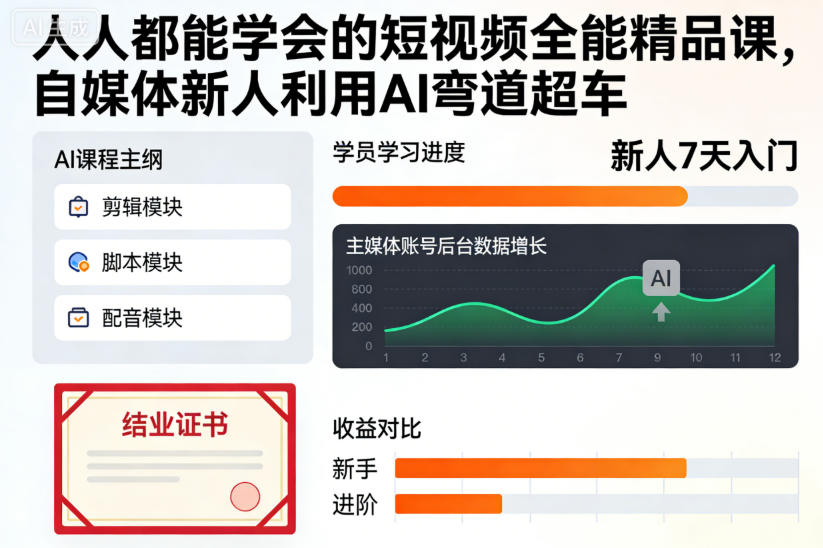 人人都能学会的短视频全能精品课，自媒体新人利用AI弯道超车-全网第一网赚项目资源库-中赚网 & 中创网 & 冒泡网 & 福缘网 - 小本轻创业与优质加盟项目首选平台