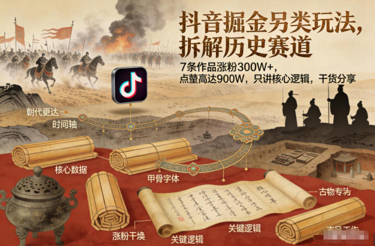 抖音掘金另类玩法，拆解历史赛道，7条作品涨粉300W+，点赞量高达900W，只讲核心逻辑，干货分享-全网第一网赚项目资源库-中赚网 & 中创网 & 冒泡网 & 福缘网 - 小本轻创业与优质加盟项目首选平台