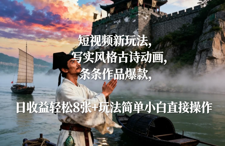 短视频新玩法，写实风格古诗动画，条条作品爆款，日收益轻松8张+玩法简单小白直接操作-全网第一网赚项目资源库-中赚网 & 中创网 & 冒泡网 & 福缘网 - 小本轻创业与优质加盟项目首选平台