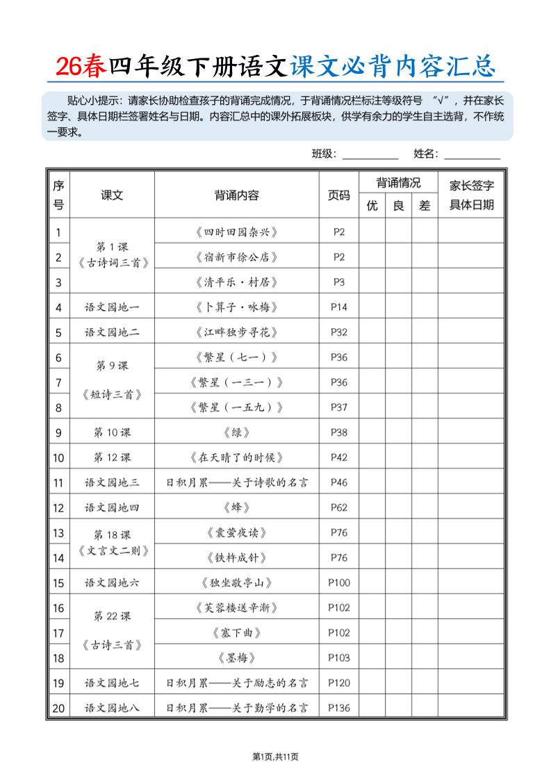 26春四下语文课文必背内容汇总（11页）-全网第一网赚项目资源库-中赚网 & 中创网 & 冒泡网 & 福缘网 - 小本轻创业与优质加盟项目首选平台