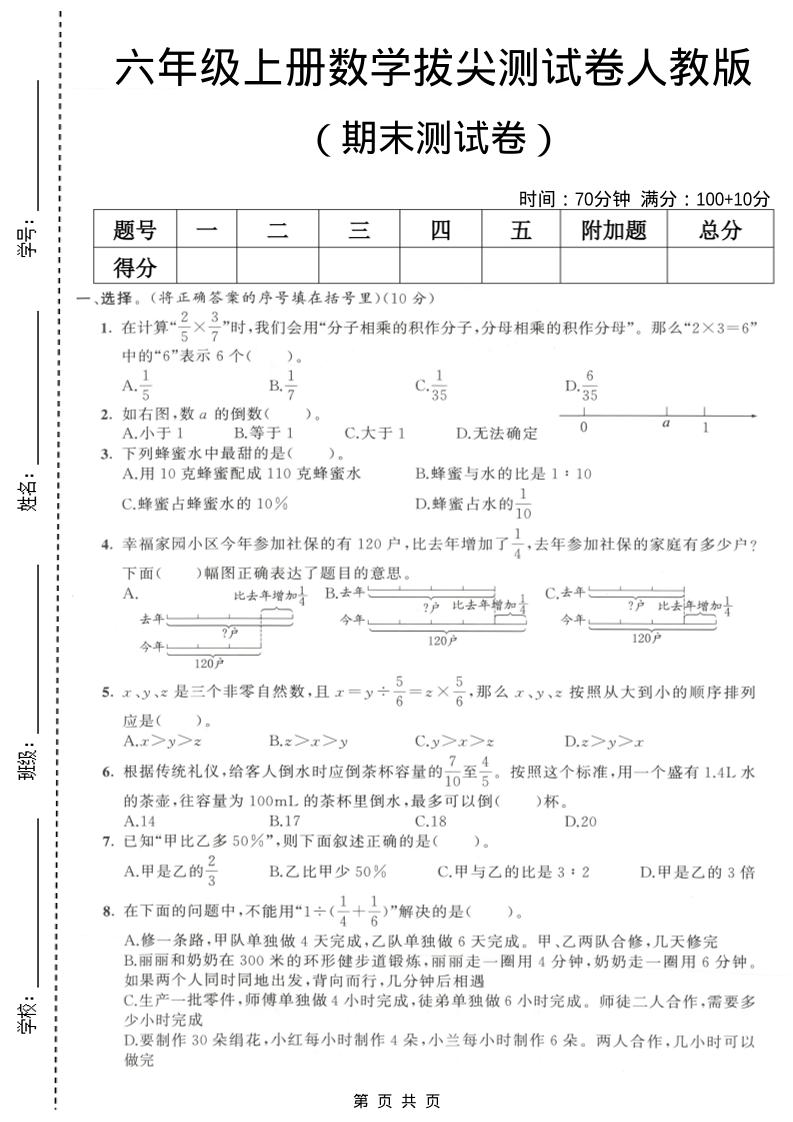 六年级上数学期末拔尖测试卷2《人教版》-全网第一网赚项目资源库-中赚网 & 中创网 & 冒泡网 & 福缘网 - 小本轻创业与优质加盟项目首选平台