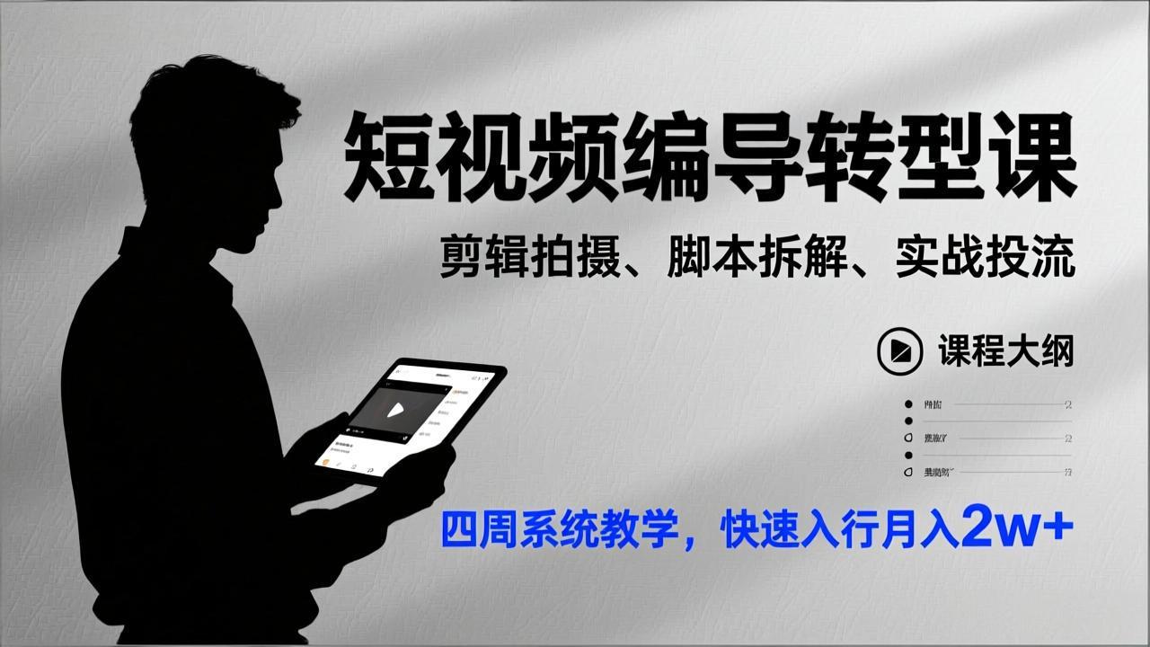 短视频编导转型课，剪辑拍摄、脚本拆解、实战投流，四周系统教学，快速入行月入2w+-全网第一网赚项目资源库-中赚网 & 中创网 & 冒泡网 & 福缘网 - 小本轻创业与优质加盟项目首选平台