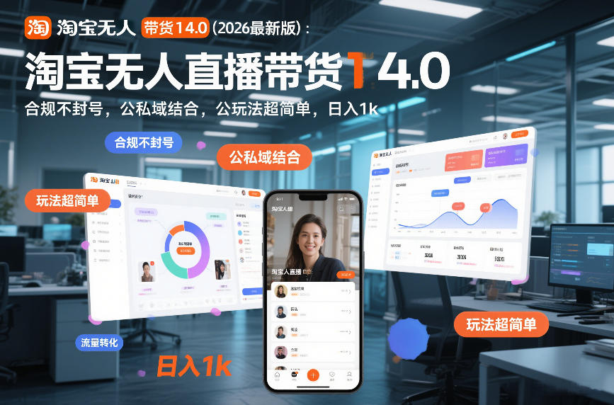 淘宝无人直播带货14.0(2026最新版)：合规不封号，公私域结合，玩法超简单，日入1k+【揭秘】-全网第一网赚项目资源库-中赚网 & 中创网 & 冒泡网 & 福缘网 - 小本轻创业与优质加盟项目首选平台